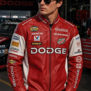 Dodge Vintage Motorsport Racing Leather Jacket, 90s Inspired Unisex Biker Jacket with Embroidered Patches