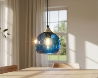 Modern Blue Pendant Light, Hammered Metal Hanging Lamp, Kitchen Island Lighting, Adjustable Ceiling Fixture, Farmhouse Industrial Light