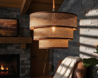 Boho Pendant Light Plug In Hanging Lamp Rattan Wicker Lampshade Rustic Farmhouse Kitchen Island Bedroom Lighting Decor