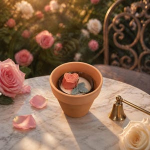 May include: A terracotta pot with a rose-shaped dessert inside, next to a brass bell and rose petals. The dessert has a pink rose and a blue-green leaf. A large pink rose and other flowers are in the background.