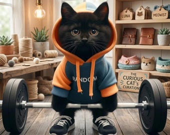 Figura de gato negro levantando pesas, estatua de gato lindo de gimnasio con sudadera con capucha, decoración divertida de gato fitness, gatito levantador de pesas en miniatura, adorno de escritorio artesanal