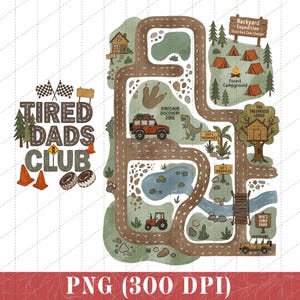 Könnte beinhalten: Eine fantasievolle Kartenillustration mit einem Straßennetz, das eine Dinosaurier-Entdeckungszone, Campingplätze und eine Baumhaus-Lodge umfasst. Der Text "Tired Dads Club" ist prominent dargestellt, zusammen mit anderem Text. Die Farben sind Braun, Grün und Orange.