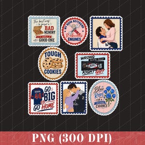May include: A selection of sticker designs with diverse themes. Designs feature text such as "Bad Memory," "My Book Boyfriend," and "Tough Cookies." Other designs include illustrations of couples, a football jersey, and blue roses.
