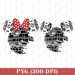 May include: Black and white graphic featuring two Death Star designs in the shape of Mickey Mouse heads. One has a red polka dot bow. The image includes the text "PNG (300 DPI)" in a red banner.