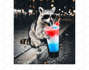 Mapache del 4 de julio bebiendo granizado patriótico (descarga digital), divertido meme americano PNG, bebida de paleta roja, blanca y azul PNG