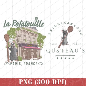 Puede incluir: Dos ilustraciones con un chef de dibujos animados sosteniendo una cuchara de madera. Una muestra un bistró con el texto "La Ratatouille, Paris, France". La otra dice "Anyone Can Cook, Paris, France, Gusteau's."