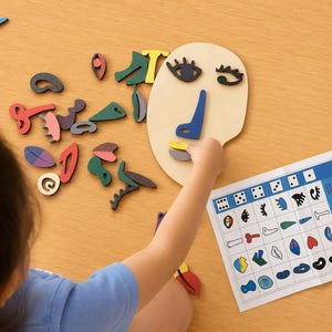 May include: A child's hand placing a yellow piece on a wooden face cutout. Assorted colourful wooden shapes and a printed guide with dice and shapes are on a light brown surface. The guide reads "Roll a Picasso Create Cubism Portrait."