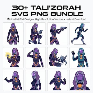 Könnte beinhalten: Eine digitale Sammlung mit dem Titel 30+ TALI'ZORAH SVG PNG BUNDLE, die verschiedene flache Vektorillustrationen einer Figur in einem violetten und dunkelblauen Kapuzenanzug mit leuchtender Maske in verschiedenen Posen zeigt.