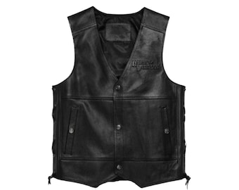 Men's Black Genuine Leather Motorcycle Vest – Plain Back Biker Vest with Side Laces | Harley-Inspired Riding Waistcoat