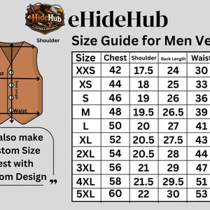May include: A size guide chart for a vest featuring a brown vest illustration with labeled measurements for chest, shoulder, back length, and waist. The table lists sizes from XXS to 5XL with corresponding numerical values in inches. Text includes eHideHub.