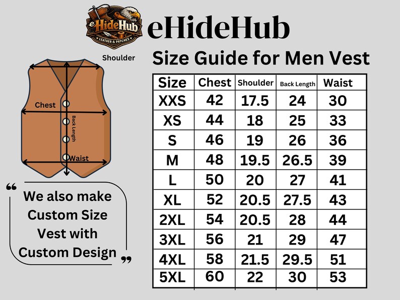 May include: A size guide chart for a vest featuring a brown vest illustration with labeled measurements for chest, shoulder, back length, and waist. The table lists sizes from XXS to 5XL with corresponding numerical values in inches. Text includes eHideHub.