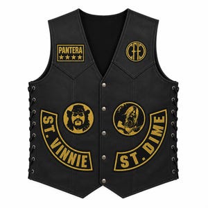 May include: A black leather vest featuring gold embroidered patches. The chest displays a Pantera logo with four stars and a circular CFH emblem. Below, two circular patches show portraits, flanked by curved patches reading ST. VINNIE and ST. DIME.