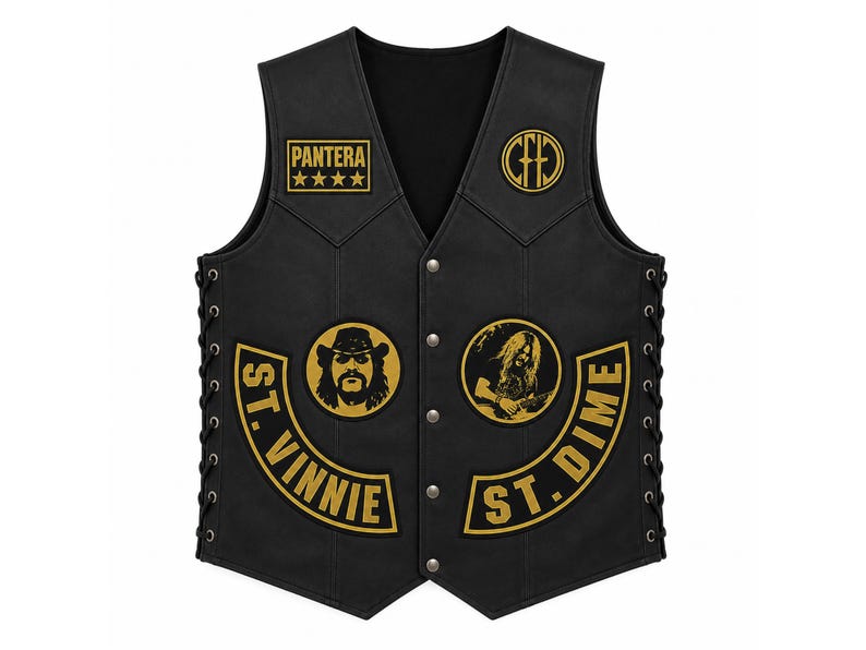May include: A black leather vest featuring gold embroidered patches. The chest displays a Pantera logo with four stars and a circular CFH emblem. Below, two circular patches show portraits, flanked by curved patches reading ST. VINNIE and ST. DIME.