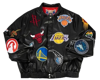 NBA Teams Collage Jeff Hamilton Style Leather Jacket – Handmade Customized Basketball Jacket | Personalized Gift