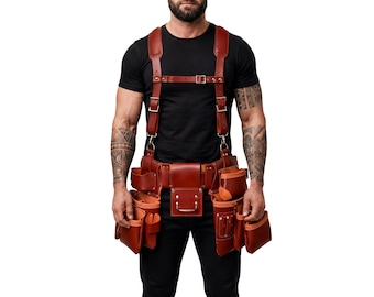 Leather Tool Belt with Suspenders, Carpenter Tool Belt, Construction Work Belt, Electrician Tool Belt, Framing Belt, Heavy Duty Leather Belt