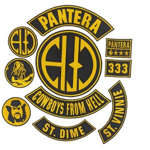 May include: A collection of black and yellow embroidered patches featuring the Pantera logo, the text Cowboys From Hell, St. Dime, and St. Vinnie, along with circular patches depicting a guitarist, a portrait, and the letters EJD in a circle.