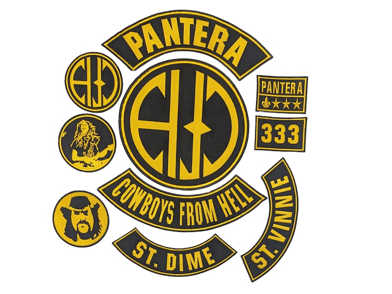 May include: A collection of black and yellow embroidered patches featuring the Pantera logo, the text Cowboys From Hell, St. Dime, and St. Vinnie, along with circular patches depicting a guitarist, a portrait, and the letters EJD in a circle.