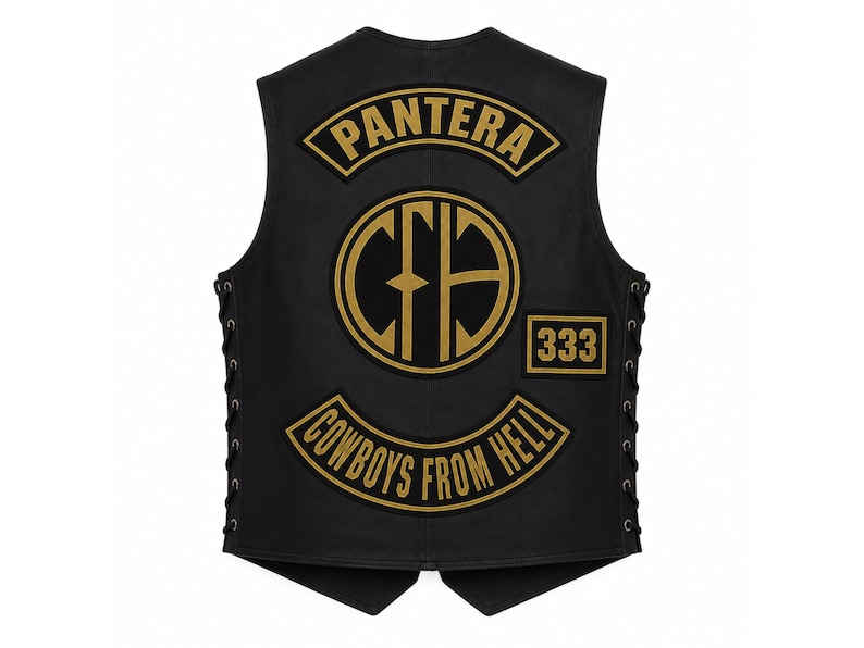 May include: A black sleeveless vest featuring gold embroidered patches on the back. The top patch reads PANTERA, the center circular patch displays the letters CFH, a small rectangular patch reads 333, and the bottom patch reads COWBOYS FROM HELL.