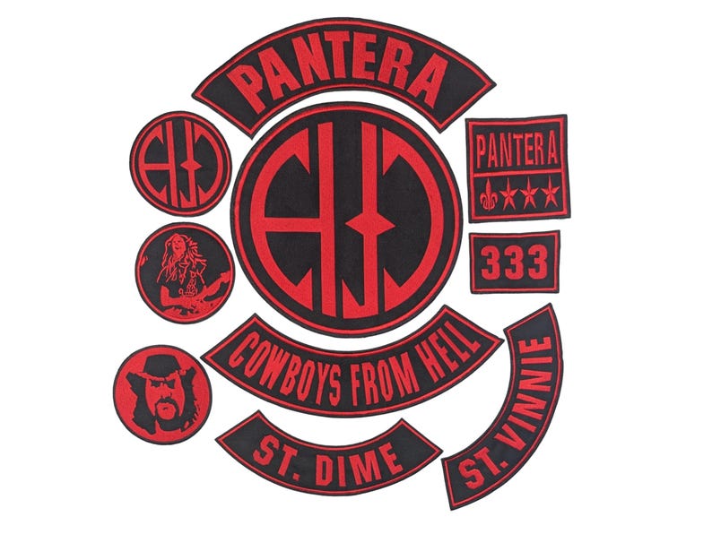 May include: A collection of black and red embroidered patches featuring the band name Pantera, the text Cowboys From Hell, St. Dime, and St. Vinnie, along with circular patches displaying a logo, a guitarist, and a portrait, plus a 333 patch.