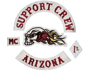 Support Crew Skull 1% MC Embroidered Patches | 5-Piece Biker Patch Set | Custom Bottom Rocker Available For Personalized Gift