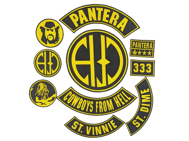 May include: A collection of black and yellow embroidered patches featuring the Pantera logo, the text Cowboys From Hell, St. Vinnie, St. Dime, 333, and circular designs including a portrait of a musician and the band's initials in a circular frame.