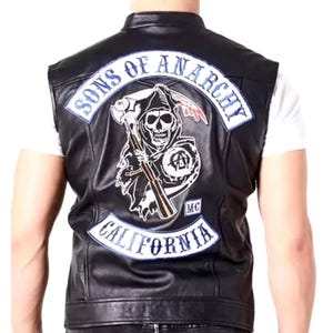 Sons of Anarchy Vest – Reaper Style Biker Cut | Men's MC Style Leather Vest | Black Leather | Blue or Black Patch Set