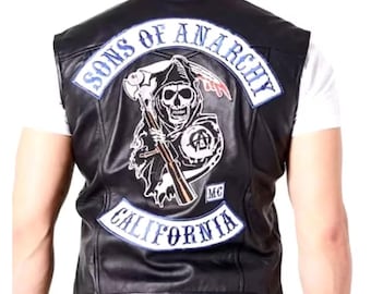 Sons of Anarchy Vest – Reaper Style Biker Cut | Men's MC Style Leather Vest | Black Leather | Blue or Black Patch Set