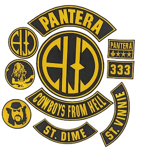 May include: A collection of black and yellow embroidered patches featuring the Pantera logo, the text Cowboys From Hell, St. Dime, and St. Vinnie, along with circular patches depicting a guitarist, a bearded man in a hat, and the number 333.