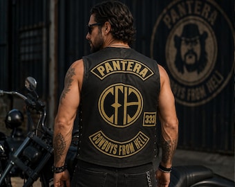 Pantera Leather Vest | Cowboys From Hell Biker Vest | Heavy Metal Motorcycle Vest | Rock Band Patch Vest | Custom Black Leather Cut