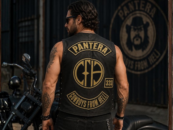 Pantera Leather Vest | Cowboys From Hell Biker Vest | Heavy Metal Motorcycle Vest | Rock Band Patch Vest | Custom Black Leather Cut
