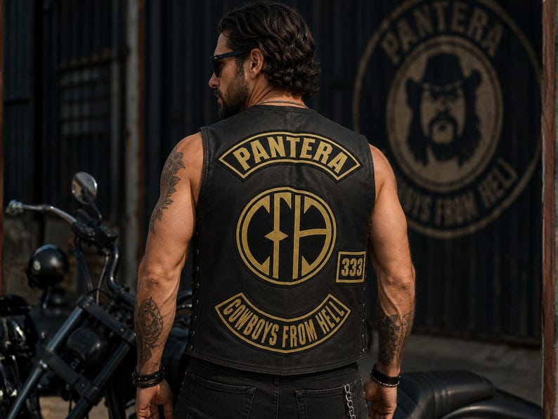 May include: A black sleeveless vest featuring gold embroidered patches on the back. The top patch reads PANTERA, the center patch displays a circular CFH logo, the bottom patch reads COWBOYS FROM HELL, and a small square patch displays the number 333.