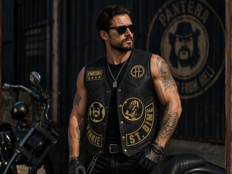 May include: A black leather vest featuring gold embroidered patches, including the text Pantera, Vinnie, and St. Dime, along with circular portraits and a logo. The vest has a button-front closure and is worn over a black shirt with a silver necklace.