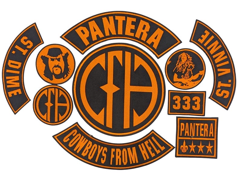 May include: A collection of black and orange embroidered patches featuring the Pantera logo, the text "Cowboys From Hell," "St. Dime," "St. Vinnie," "333," and "Pantera," along with circular patches depicting a portrait and the CFH monogram.