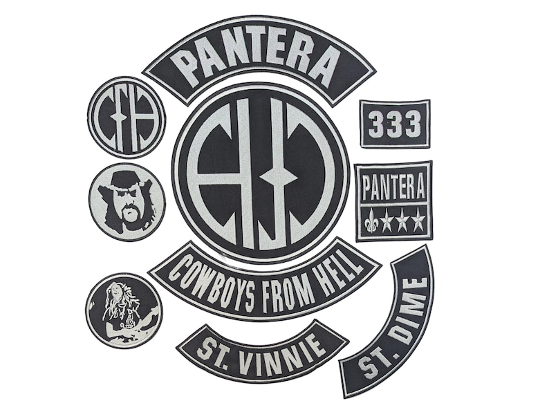 May include: A collection of black and white embroidered patches featuring the band Pantera. The set includes a large circular logo, curved rockers with the text Pantera, Cowboys From Hell, St. Vinnie, and St. Dime, plus smaller circular and rectangular patches with portraits, the number 333, and the letters CFH.
