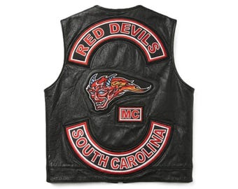 Red Devils MC Leather Vest | Genuine Leather Motorcycle Club Vest | Red Devils Germany Biker Vest | Custom Bottom Rocker Vest