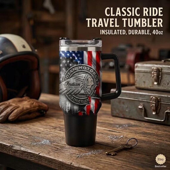 Indian Motorcycle 40oz Tumbler with Handle, USA Flag Insulated Stainless Steel Travel Mug