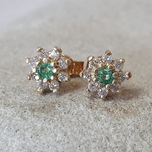 9ct Yellow Gold Dainty Emerald & Diamond Cluster Earrings - Customisable