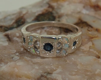 Sterling Silver Deep Blue Sapphire and Opal Moon & Star Ring