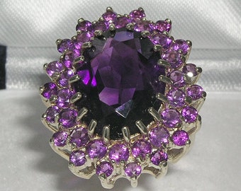 Large Solid 9K White Gold Natural Amethyst Cluster Flower Halo Ring, English Vintage Design 3 Tier Ring - Customizable