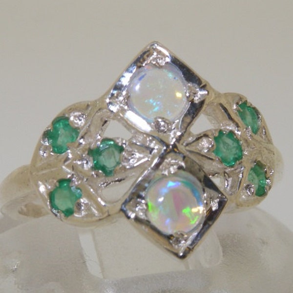 Dainty 925 Sterling silver Natural Colorful Opal & Emerald Cluster  Design Ring, English Antique Vintage Style Ring