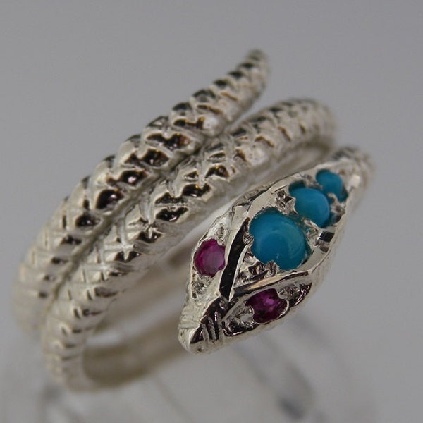 925 Solid Sterling Silver Natural Colorful Blue Turquoise & Ruby Coiled Snake Ring, English Design Serpent Ring - Customizable