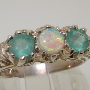 Sample SALE, Size 6.5  ( UK M 1/2) Solid 925 Sterling Silver Natural Colorful Opal & Emerald Trilogy Scroll Carved 3 Stone Ring