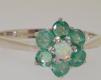 Sample SALE! Size 8 (UK P 1/2), Dainty Cluster Small Flower Ring,  Natural Colorful Opal & Emerald 925 Sterling Silver Ring