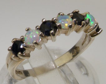 English 925 Sterling Silver Natural Colourful Opal & Blue Sapphire Half Eternity Band Ring - Made in England - Customizable