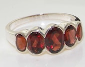 Solid 925 Sterling Silver Natural Garnet Half Eternity Ring, Anniversary Ring, English Design Five Stone Band - Customizable