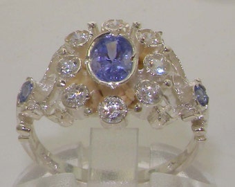 Made in England Victorian Inspired 18K or 14K White Gold Tanzanite and Diamond Dainty Ornate Trilogy Ring Platinum Customizable