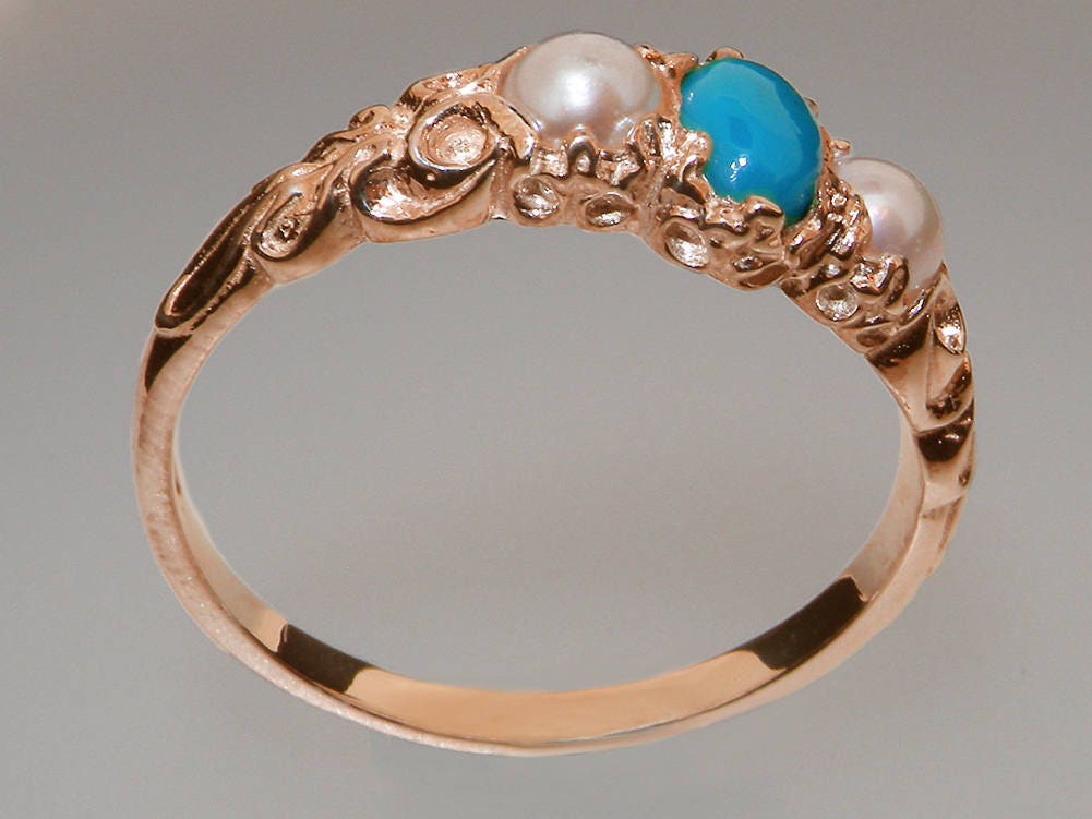 14K ローズゴールド 天然ターコイズ & パール レディース トリロジー