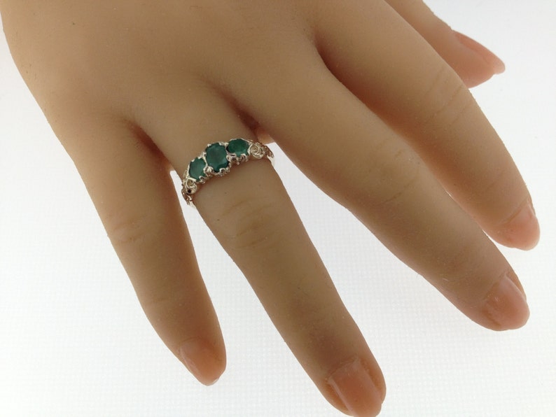 Silver Emerald Ring Sterling Silver Ring Sterling Silver Emerald Ring Emerald Trilogy Ring May Birthstone Vintage Style Ring image 4