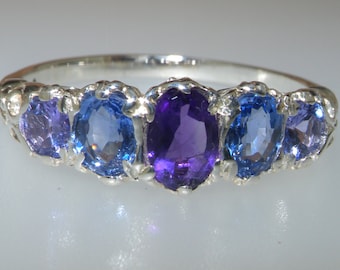 English 9K White Gold Natural Amethyst, Light Blue Sapphire and Tanzanite Victorian Style Ring, Eternity Ring -Customize:14K,18K Gold