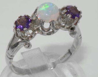 925 Solid Sterling Silver Natural Opal & Amethyst Vicltorian Style Claws Ring, Unique Trilogy Ring - Made in England -Customizable